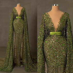 Luxury Evening Dresses Mermaid Beads Crystals V-neck Belt Long Sleeves Tulle Sweep Train Prom Dress Vestido De Noite Customized
