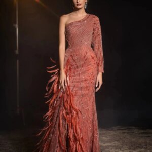 Distinctive Feathered Straight Evening Dress Sexy Cocktail One Shoulder Customized Celebrity Party Popular Beading Prom Gown