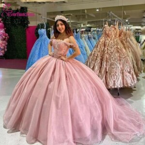 Ball Gown Quinceanera Dress for Women Off Should Prom Evening Dress Tulle Appliques Beaded Party Dress Vestido De 15 Quinceañera