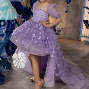 Customized Purple Short Long Back Prom Party Dresses For Little Girls Short Sleeve Puffy Children Birthday Occasion Pageant Wear