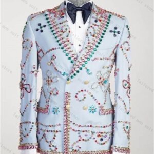 Light Blue Crystals Men Suit Set 2 Pieces Blazer+Pant Formal Office Male Jacket Prom Cotton Coat Trousers Groom Wedding Tuxedos