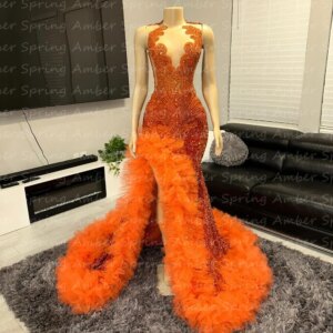 Stunning Orange Prom Dresses For Black Girls Rhinestone Mermaid Party Gowns Ruffle Tulle Evening Dress Sequin Robes De Customize