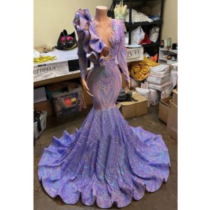 Long Sleeves Purple Evening Dresses Mermaid Lace Sequin African Sexy Deep V Neck Prom Gown Black Girls Formal Party Custom Made