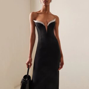 Little Daisy Customized Fashion Dress Chest Wrapping Backless Contrast Color Rhinestone Splicing Back Split Slim Dresses New