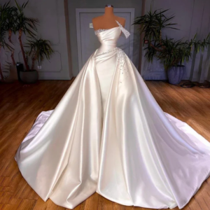 Elegant One Shoulder Satin Mermaid Wedding Dress Detachable Train 3-in-1 Pearl Princess Bridal Dress Customized 2025