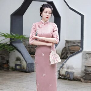 Bronzing Embroidery Long Cheongsam Autumn and Winter New Girl Elegant Half Sleeve Slim Fit