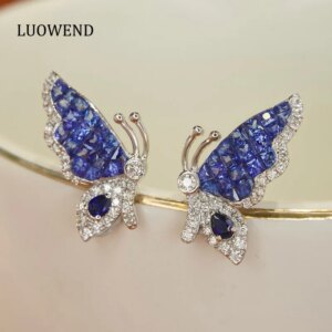 LUOWEND 18K White Gold Earrings Elegant Butterfly Design Shiny Diamond Natural Sapphire Earrings for Women High Party Jewelry