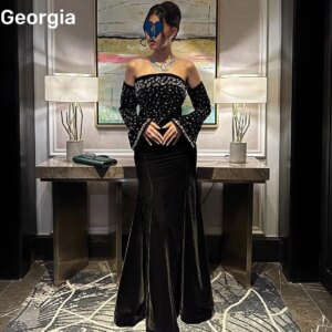 Customized Party Dress Mermaid Strapless Floor-Length Luxury Evening Dresses 2025 Beadings Zipper Up Long Sleeves Prom Dresses