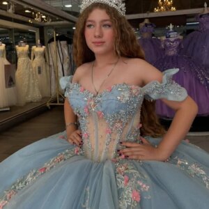 Customized Shiny blue Off Shoulder Quinceanera Dress sequin applique crystal 3D flower Long tail vestidos de 15 Quinceanera