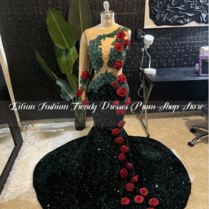 Custom 3D Floral Embroidery Prom Dress Hunter Green One Shoulder Sleeve Inlaid Sequin Applique African Bridal Dresses gala