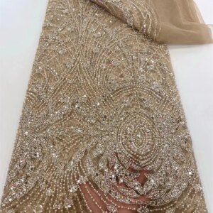 Luxury African Sequins Beaded Lace Fabric 2025 High Quality Lace 5 Yards Gold French Lace Fabric Nigerian Net Lace Fabric Q450-1