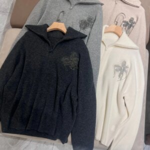 Exquisite flower embroidery half zippered pure cashmere sweater