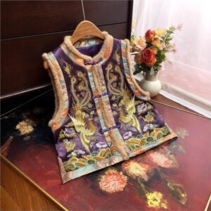 New Chinese heavy industry embroidery cotton waistcoat silk satin vest national style pan fur collar clip
