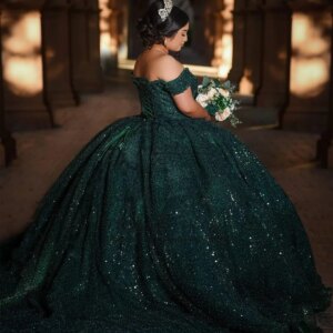 Princess Ball Gown Quinceanera Dress Glitter Sequins Lace Birthday Sweet 16 Dress Off Shoulder Mexican Vestidos De 15 Años