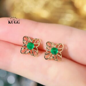 KUGG 100% 18K Yellow Gold Earrings Vintage Flower Shape Real Natural Emerald Stud Earrings for Women High Party Jewelry
