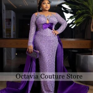 Purple Aso Ebi Evening Dresses For Women Long Bead Long Sleeves Formal Prom Sequined Wedding Party robes de soirée customized