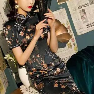 Old Shanghai Retro Gambiered Guangdong Cheongsam Women’s Mid-Length Chinese Style Stand Collar Dress New Summer Daily