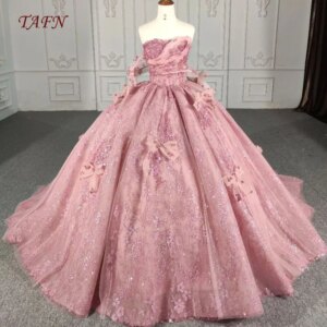 TAFN Quinceanera Dresses Strapless Ball Gown Princess Pink A-line Floral Lace Shiny vestidos de 15 quinceañera