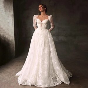 Customized Fashion Sweetheart Lace Wedding Dress Long Sleeve A-line Backless Zipper Custom Size Bridal Gowns