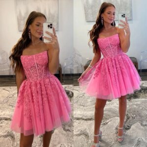 Pink Lace Prom Dresses Strapless Above Knee Draped Sleeveelss Gowns Special Occasion Party Customzied Dress Elegant Vestidos