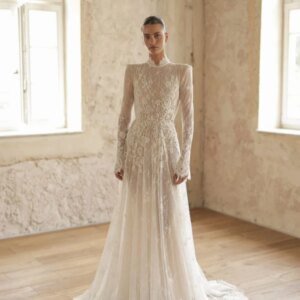 Elegant Lace Backless Wedding Dress High Neck Bride Customized A Line Floor-length Bridal Dress For Women Charming Long Sleeves