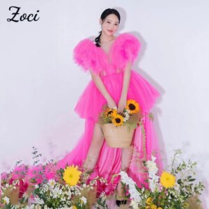 Zoci Princess Purple Pink Korea Evening Dresses Deep V Neck Ruffles Wedding Photos Shoot Dress Customized High Low Party Dress