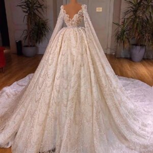 Shiny White V Neck Wedding Dress With Long Cape Sleeve Dubai Beaded Stones Lace Bridal Gowns Customized Vestido De Casamento