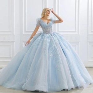 Sky Blue Quinceanera Dresses Off Shoulder Ball Gown Sweet 16 Dress Applique Lace Beading Tull Birthday Party Vestidos 15 De Anos