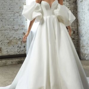 Simple Wedding Dress For Women Off-Shoulder Sleevelss With Flowers A-Line Pure Plain Satin Vestidos New White Split Bridal Gown