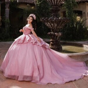 Glitter Pink Quinceanera Dress Ball Gown Tiered Shiny Crystal Beaded Mexican Corset Sweet 16 Vestidos De 15 Años