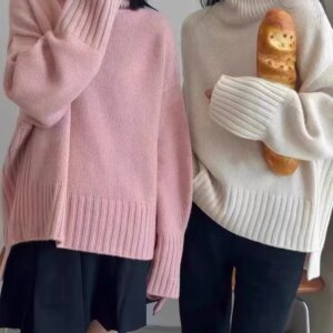 Women’s pure cashmere semi-high neck sweater, Japanese style loose fit pullover with long sleeves.