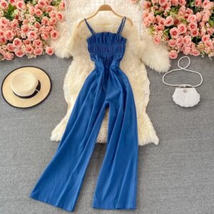 Summer Women Denim Romper Sexy Strapless Draped High Waist Jumpsuits Female Black/Blue Wide Leg Spaghetti Strap Rompers Fashion