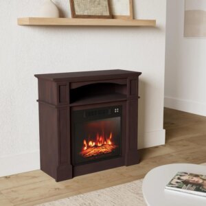 32″ Electric Fireplace with Mantel and Remote Control, Freestanding Mantel Fireplace Heater with 3 Flame Brightness, Thermostat