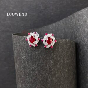 LUOWEND 100% 18K White Gold Earrings Shiny Diamond Natural Ruby Stud Earrings for Women Elegant Romantic Style Wedding Jewelry
