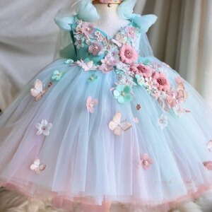Light Blue Flower Girl Dresses For Wedding Customized Kids Butterfly Bow Appliqued Birthday Party Girls Pageant Dresses