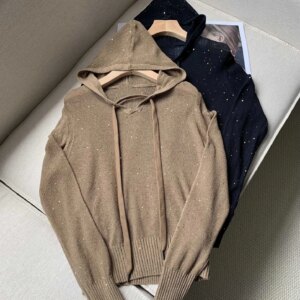 Women Silk Linen Sweater Autumn Sequin Long Sleeve Elastic Waist Casual Ladies Knitted Hooded Pullover