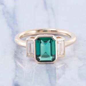 Provence Luxury trilogy rings 10K Solid Gold Emerald cut greener Lab Gemstones wedding band DEF/VS Lab Diamonds Band Custom