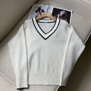 Women’s Sequin Sweater Autumn Striped Trim V-Neck Long Sleeve Loose Ladies Knitted Pullover