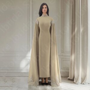 Customized Vintage Champagne Evening Dresses with Cape Prom Gowns Arabic High Collar Wedding Guest Dresses Lace Applique Beading