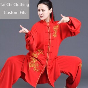 Chinese Red Tai Ji Suit Women’s New Embroidered Bamboo Three-Piece Set Men’s Pearl Silk Martial Arts Performance Wear