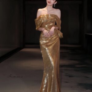 Golden Sequin Celebrity Dresses Off Shoulder Mermaid Side Split Floral Pleat Floor Length Prom Formal Occasion Evening Gowns