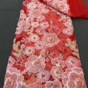 African Red 2024 Novelty French Lace Fabrics Quality Bridal Lace Fabrics 5 Yards Beaded Lace Fabric For Nigerian Wedding A757-1