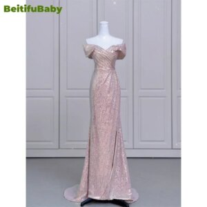 Customized Evening Dress for Women Vestidos Slim Off The Shoulder Sleeveless Fishtail Sequins Long Skirts Woman Prom Dresses