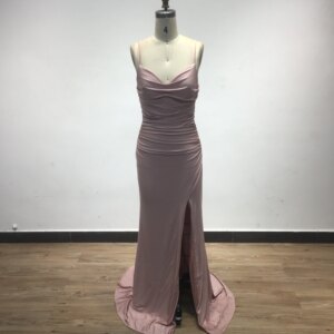 MYMB Women’s Sexy Ruched Spaghetti Straps Mermaid Evening Dress Simple Sleeveless Pink Girls Prom Gown with Slit for Party Night
