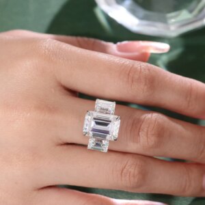 Provence 18K/14K/10K Solid White Gold 9ct DEF VVS Emerald Cut GRA Certified Moissanite Three Stone Ring with Side Stones