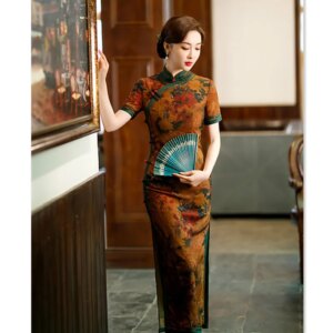 Traditional Wide-Brimmed Long Cheongsam Qi Pao     Retro Ethnic Style Middle-Aged Elderly Women Dress