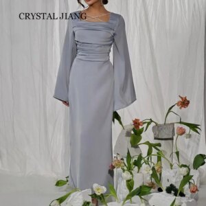 Vintage Long Square Collar Satin Prom Dresses Full Sleeves Sheath Pleated Ankle Length платье на выпускной