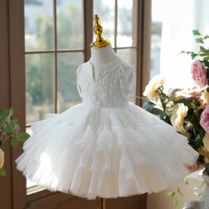 Pearl Children’s Princess Evening Gown Fashionable Flower Design Wedding Birthday Baptism Easter Eid Party Girls Dresses