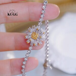 KUGG 100% 18K White Gold Bracelet Elegant Daisy Shape Real Natural White&Yellow Diamond Bracelet for Women High Wedding Jewelry