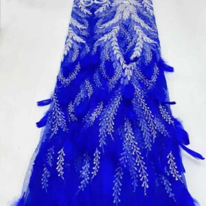 Bule African 3D Feather Lace Fabric High Quality Embroidery French Beads Sequins Lace Fabric For Nigerian Wedding Party Dresses